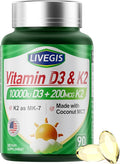 Vitamin D3 K2 Softgels D3 10000 IU with K2 (MK-7) 200 mcg with Coconut Oil Softgels Easy to Swallow 2 in 1 Vitamins D &amp K Supports Calcium Absorption Immune and Heart Health - 90 Counts