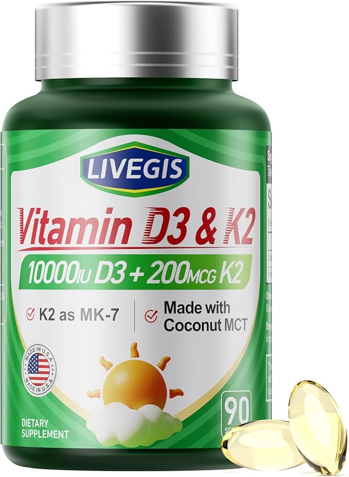 Vitamin D3 K2 Softgels D3 10000 IU with K2 (MK-7) 200 mcg with Coconut Oil Softgels Easy to Swallow 2 in 1 Vitamins D &amp K Supports Calcium Absorption Immune and Heart Health - 90 Counts