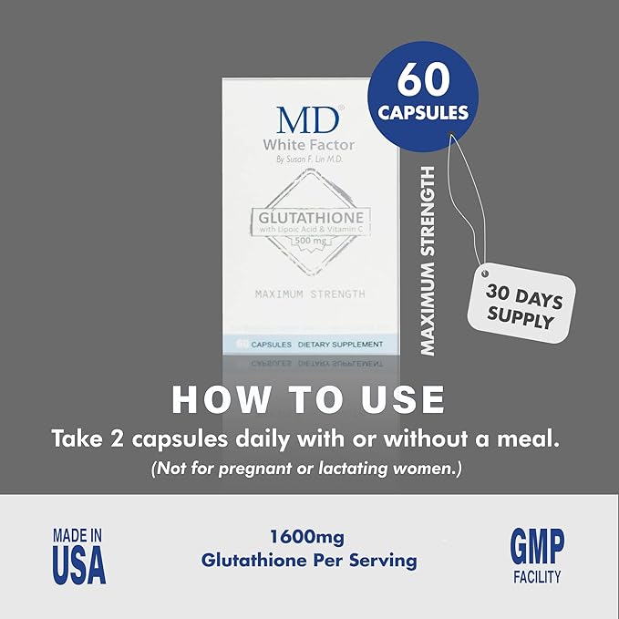 MD White Factor - Glutathione Supplement with Effective Antioxidants Vitamin C &amp Lipoic Acid | (60 Capsules)