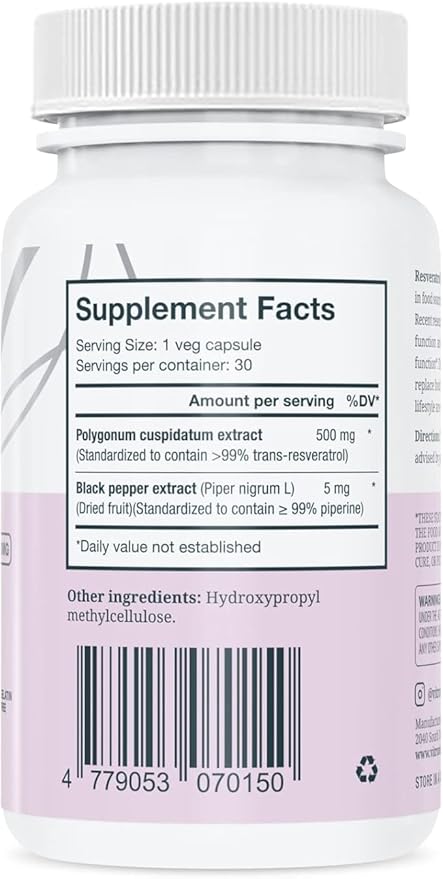 VITRUVIN Trans-Resveratrol Supplement 500mg 3 Bottles Pack Vegan Non-GMO Gluten-Free Gelatin-Free.