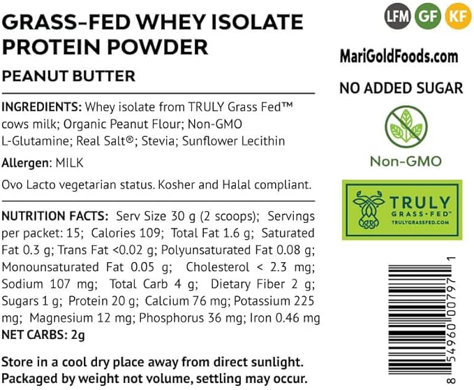 MariGold Grass-fed Whey Protein Isolate Powder - Peanut Butter Flavor - 1 Lb Bag | 100% Pure Cold-Processed Micro-Filtered Undenatured Non-GMO rBGH Free Soy Free Gluten Free Lactose Free