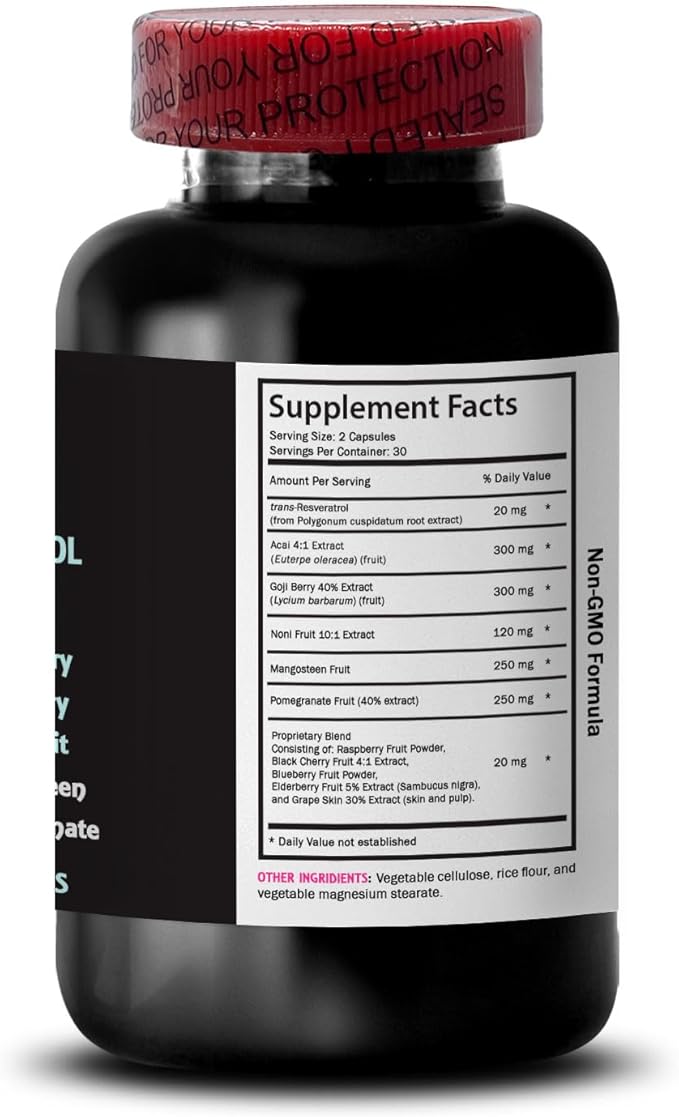 Daily Energy - RESVERATROL COMLEX - Goji Berry Shine Elderberry Boost Pomegranate Energy Acai Berry Strength Hydration Balance Grape Skin Power Blueberry Balance 3 Bottles 180 Capsules