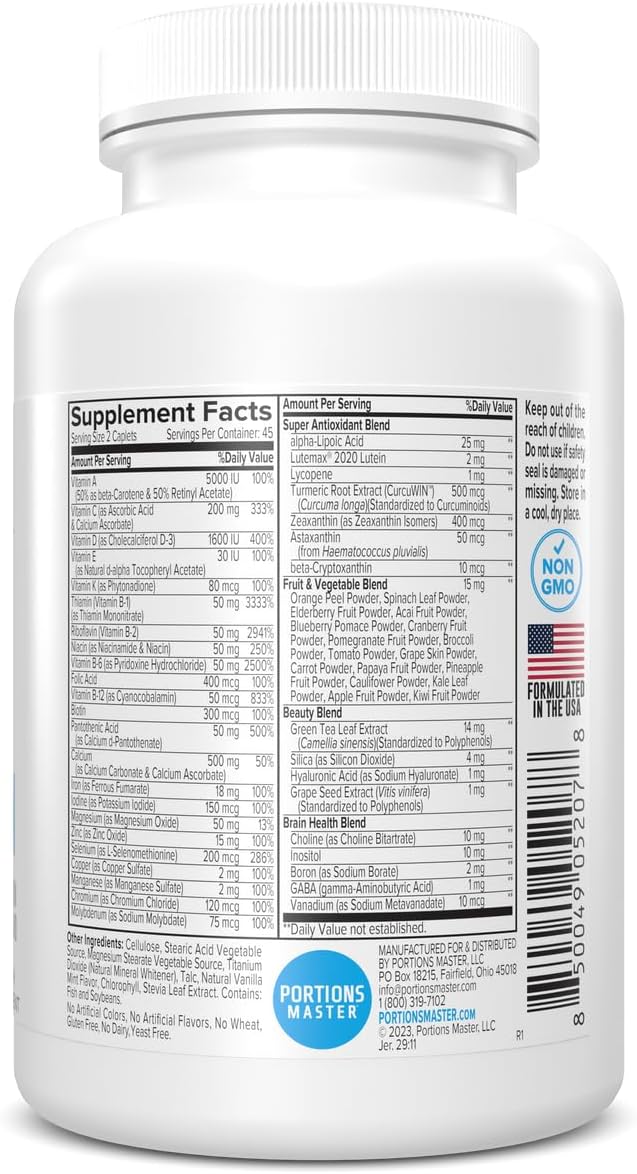 Portions Master Women’s Multivitamin Daily Multivitamin with Vitamins Minerals Antioxidants and Herbal Support Energy Immune &amp Bone Health Non-GMO Gluten-Fre (90 Capsules)