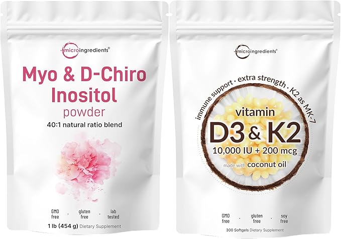 Micro Ingredients Vitamin D3 10000iu + K2 200mcg Coconut Oil Softgels &amp Myo &amp D-Chiro Inositol Powder Bundle 2 Pack | Essential Sunshine Vitamins | Inositol Supplement for Women