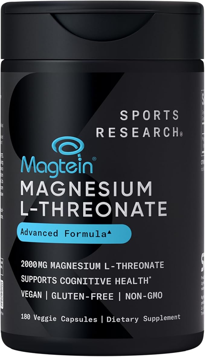 Sports Research® Magnesium L-Threonate Capsules 2000mg - High-Absorption Magtein® for Enhanced Brain Health Memory Focus &amp Restful Sleep Support - Vegan · Non-GMO · Gluten Free - 180 Count