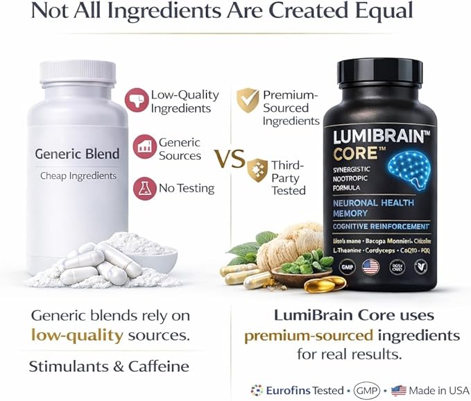 LumiBrain™ CORE Brain Supplement for Memory and Focus Caffeine-Free Nootropic for Brain Energy 90 Capsules