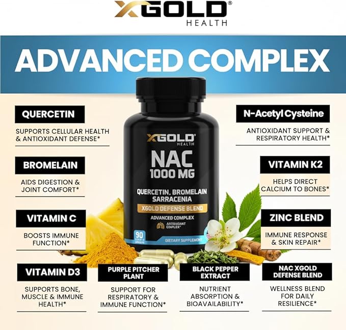 XGold Health NAC 1000 mg with Quercetin 95% Bromelain Zinc Vitamin C D3 &amp K2 Immune Support &amp Antioxidant Supplement Advanced Defense Blend 90 Veggie Capsules
