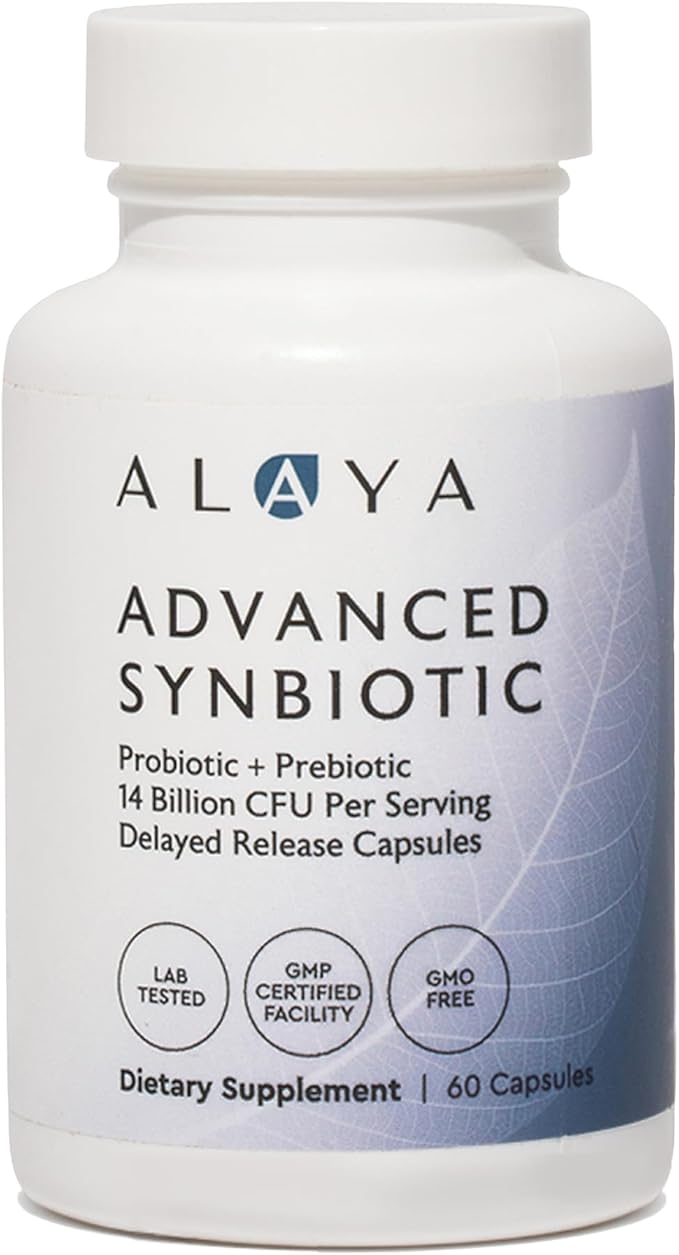 Alaya Naturals Advanced Synbiotic - Probiotic + Prebiotic - 14 Billion CFU Delayed Release Probiotic Supplement with Prebiotics from Sunfiber® and L-glutamine for Gut Lining Integrity - 60 Capsules