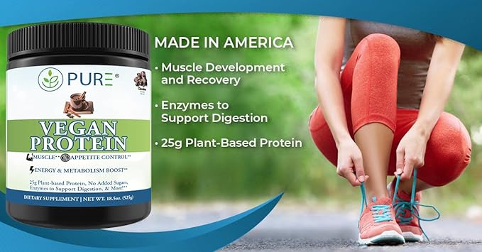 PURE® Vegan Protein Powder - 25g Plant Based Protein 15 Servings - Pea &amp Mung Bean Blend with Digestive Enzymes - Dairy-Free - Muscle Recovery &amp Appetite Control - Vanilla 495 Grams