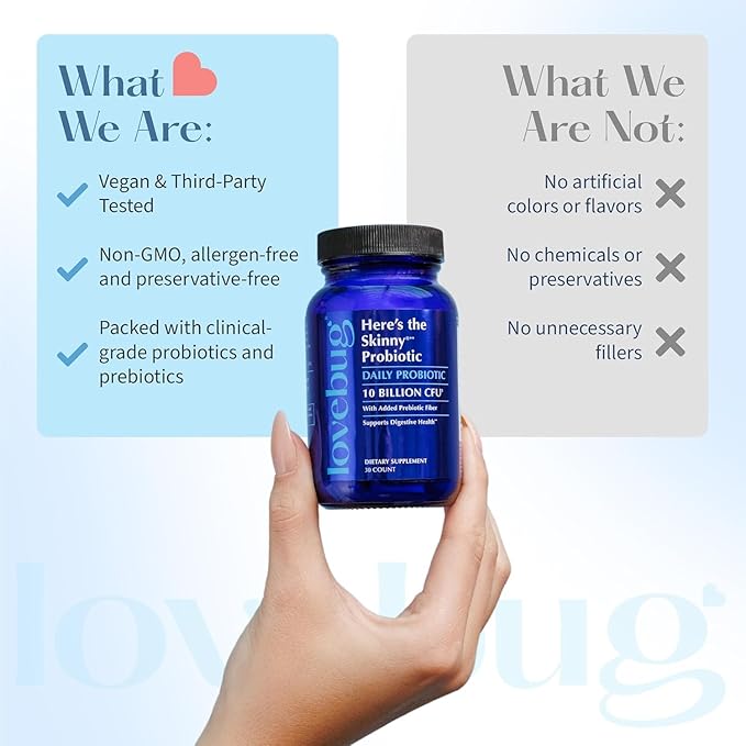 LOVEBUG Skinny Prebiotics and Probiotics for Women Digestive Health &amp Immune Support - 10 Billion CFU Probiotic Strains Gut Health Gas Constipation &amp Bloating 30ct