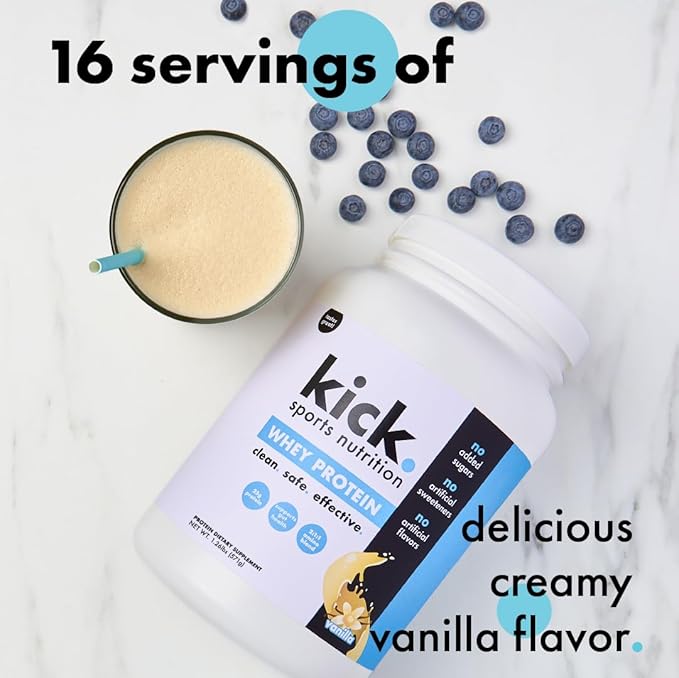 Kick Whey Protein Powder Vanilla Flavor 25 G Protein Gluten Free Workout Supplement With Amino Acids to Support Fitness Goals &amp Digestive Wellness No Added Sugar No Artificial Flavor 16 Serv