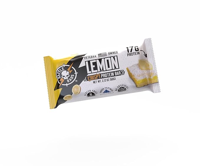Battle Bars Crispy Protein Bar 17g Protein per serving - Gluten Free No Artificial Flavors or Colors - Verteran Owned - Lemon Almond (60g) 12 Count