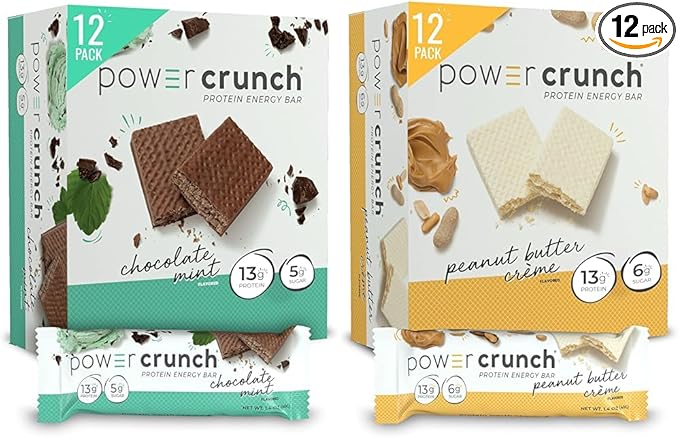 Power Crunch Protein Wafer Bars High Protein Snacks Chocolate Mint 1.4oz (12 Count) and Peanut Butter Crème 1.4oz (12 Count)