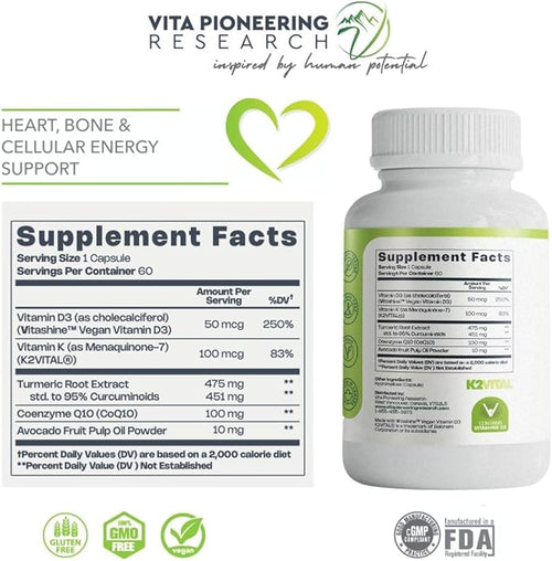 5-in-1 Vitamin D3 2000IU + K2Vital Vitamin K2 with Turmeric and COQ10 - with Avocado Powder for Enhanced Absorption - Heart Bone Cellular Health Support
