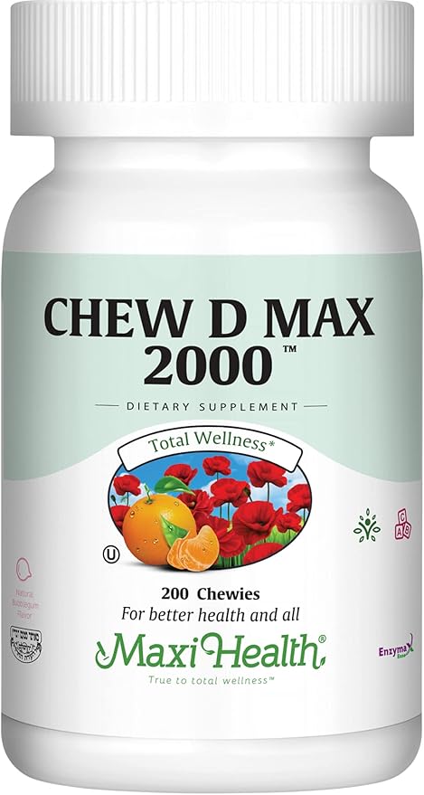 Maxi Health Chewable Vitamin D3 2000 IU Supplement - Delicious Natural Bubble Gum Flavor - Supports Calcium Absorption Immune and Bone Health in Adult Women Men Children &amp Toddlers - 200 Chews