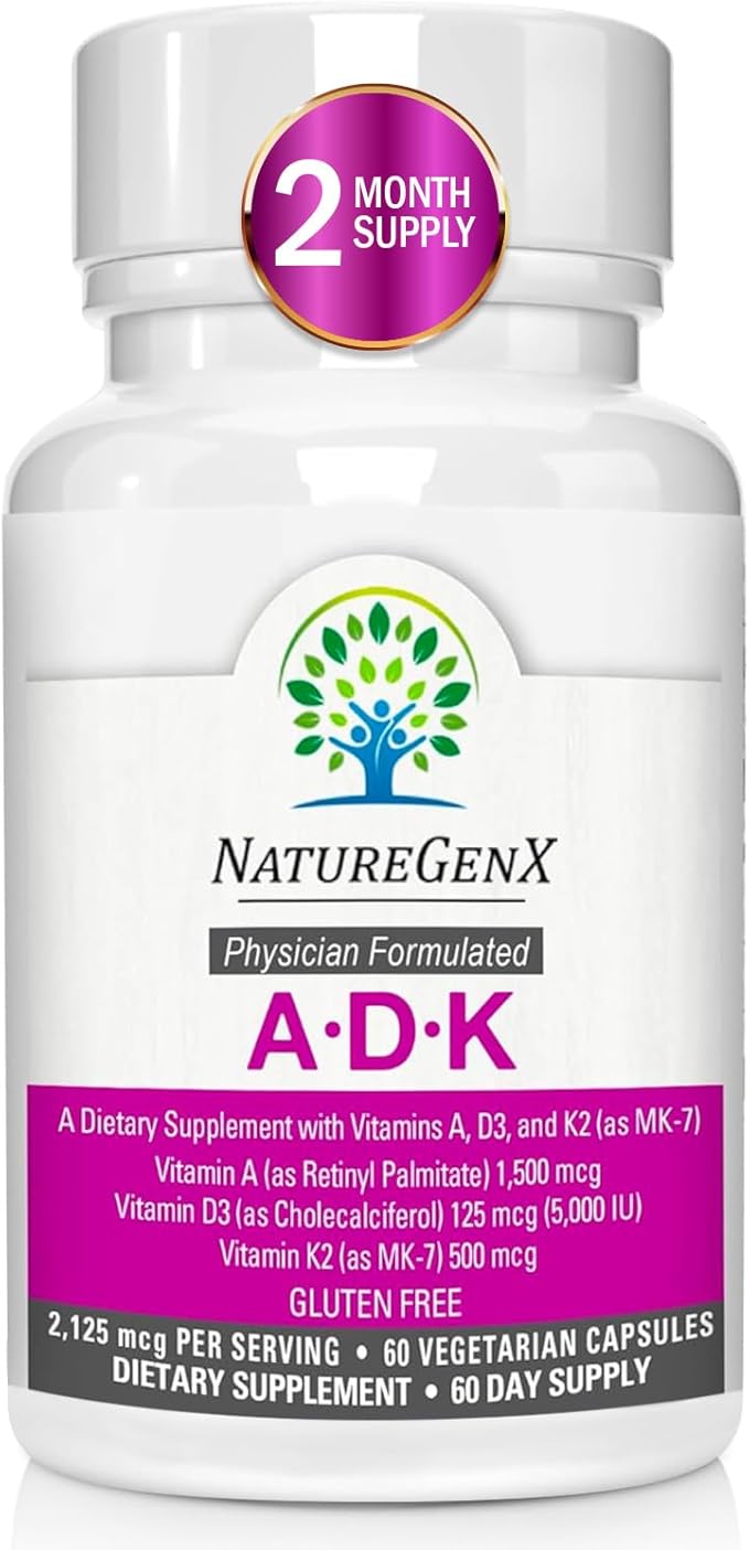 ADK Vitamin Supplement 5000 IU - High Potency Vitamins A D3 and K2 for Bone Health and Calcium Absorption | Gluten-Free Vitamin ADK Supplement 60 Day Supply 60 Capsules