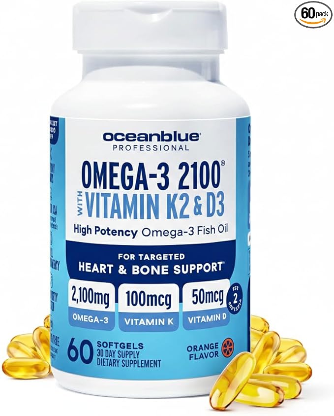 Oceanblue Professional Omega-3 2100 with Vitamin K2 and Vitamin D3-60 Count - Triple Strength Burpless Fish Oil Omega-3 Supplement with EPA DHA &amp DPA - Wild Caught - Orange Flavor 30 Servings