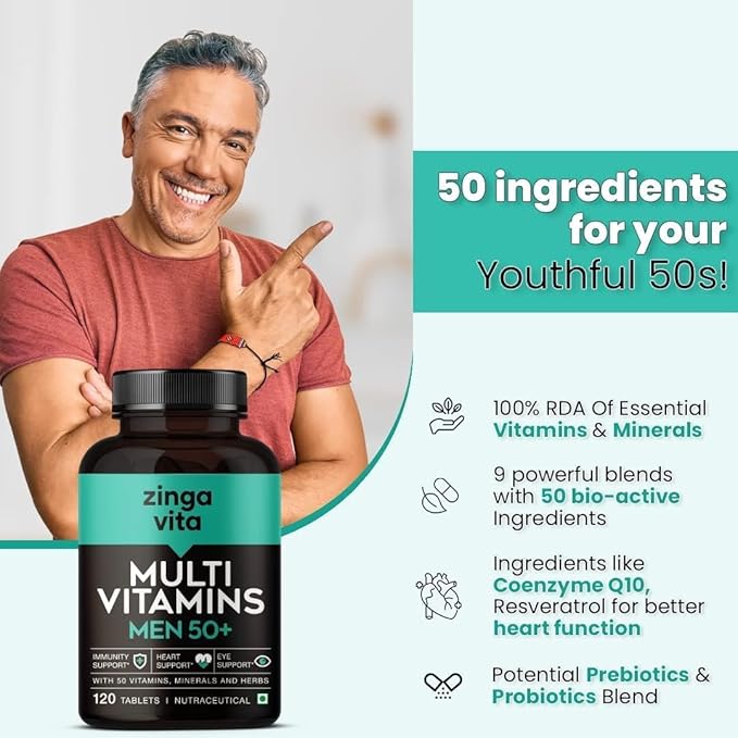 Multivitamin for Men 50 Plus Age - 120 Tablets | with 50 Vitamins Minerals Herbal Extracts L-Arginine Ginseng &amp Super Antioxidants Blend for Enhanced Energy Heart Immunity Joints Support