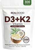 wuliao Real Good Essentials Vitamin D3 K2 10000 iu – 2-in-1 D&ampK Complex Supports Calcium Absorption Immune Health – 300 Softgels (1 Pack)