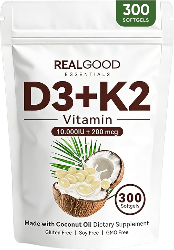 wuliao Real Good Essentials Vitamin D3 K2 10000 iu – 2-in-1 D&ampK Complex Supports Calcium Absorption Immune Health – 300 Softgels (1 Pack)