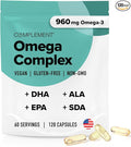 Complement Vegan Omega 3 Supplement- 960mg Omega-3 Fatty Acids DHA EPA SDA ALA Supplement - Immune Support- 60 Servings 120 Liquid Capsules