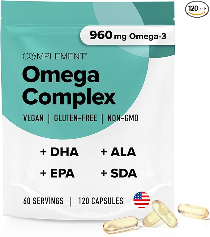 Complement Vegan Omega 3 Supplement- 960mg Omega-3 Fatty Acids DHA EPA SDA ALA Supplement - Immune Support- 60 Servings 120 Liquid Capsules