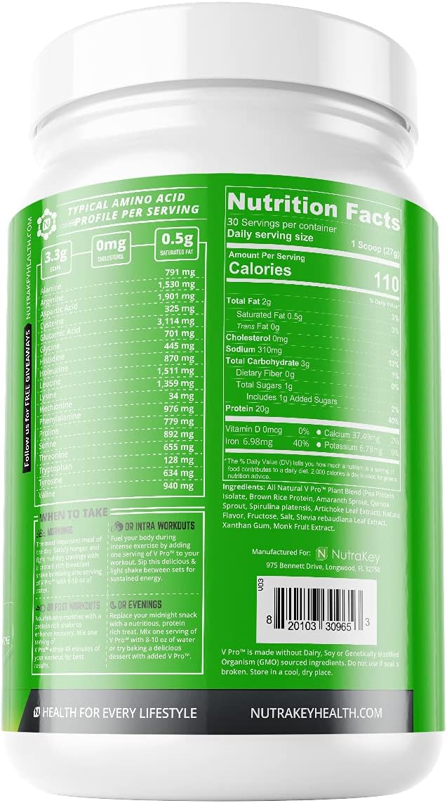 NutraKey V-Pro Raw Plant Protein Powder Organic Vegan Low Carb Gluten Free with with 20g of Protein (Vanilla Cookie) 1.78-Pound.