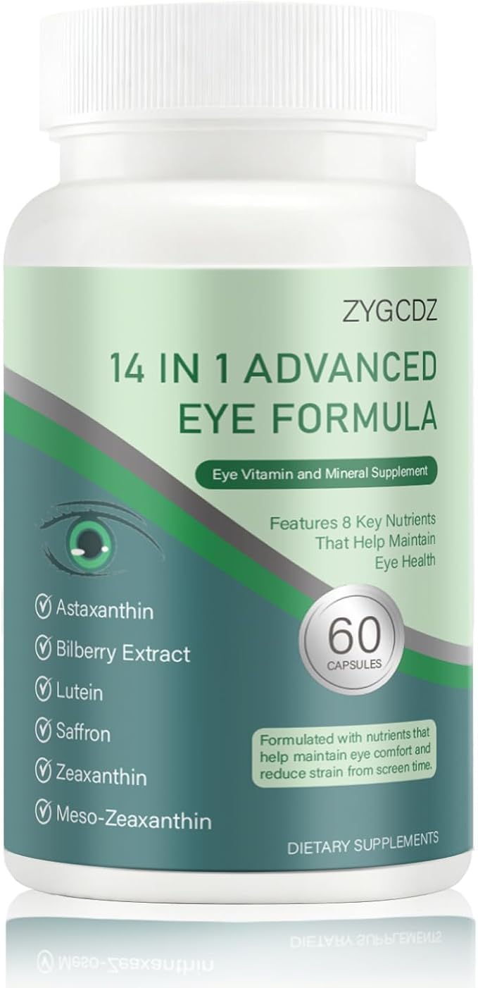 14-in-1 Advanced Eye Vitamin Supplement with Lutein Zeaxanthin Bilberry Extract &amp Zinc for Adults - Supports Vision Macula &amp Blue Light Protection - 60 Capsules (01)
