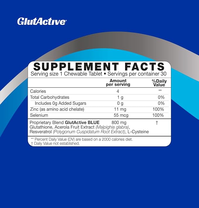 Blue 800mg | Glutathione | Antioxidant Increase Immunity &amp Energy – Detox &amp AntiAging Cysteine Selenium Zinc Resveratrol Acerola (VIT-C). 60 Chewable Tablets (60ct)