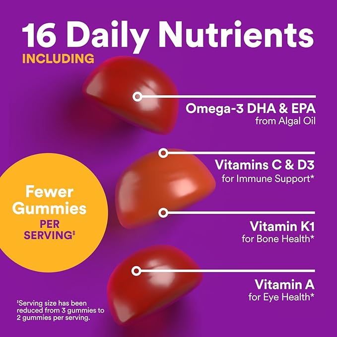 SmartyPants Toddler Multivitamin Gummies Omega 3 (DHA/EPA) Vitamins D3 C Vitamin B12 B6 A K &amp Zinc Biotin Gluten Free Three Fruit Flavors 120 Count (60 Day Supply)