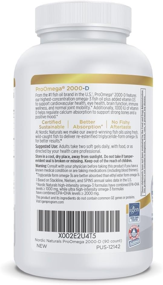 Nordic Naturals ProOmega 2000-D Lemon Flavor - 90 Soft Gels - 2150 mg Omega-3 + 1000 IU D3 - Ultra High-Potency Fish Oil - EPA &amp DHA - Brain Heart &amp Immune Health - Non-GMO - 45 Servings