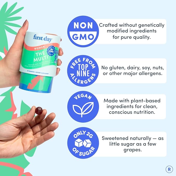 FIRST DAY Multivitamin for Women - Daily Womens Multivitamin Gummies - Vitamin A C D E B12 Magnesium Zinc Biotin – Vegan Gluten Free Womens Vitamins - Hair Growth Skin Energy – 60 Day Supply