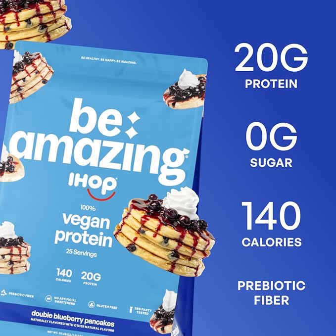 BE AMAZING Vegan Protein Powder IHOP Double Blueberry Pancakes 20g Plant Based Protein with Prebiotic Fiber Low Carb Dairy and Gluten Free Shake Mix No Added Sugar 29.3 oz 25 Servings