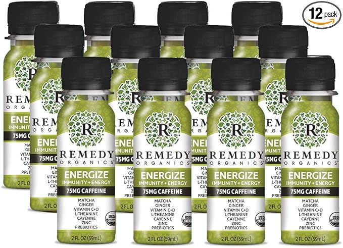 Remedy Organics Immunity Plus Shot Energize Me | Boost Energy Brain Function Detoxification and Metabolism | Brain Juice | Certified-Organic Ingredients 12 Packs