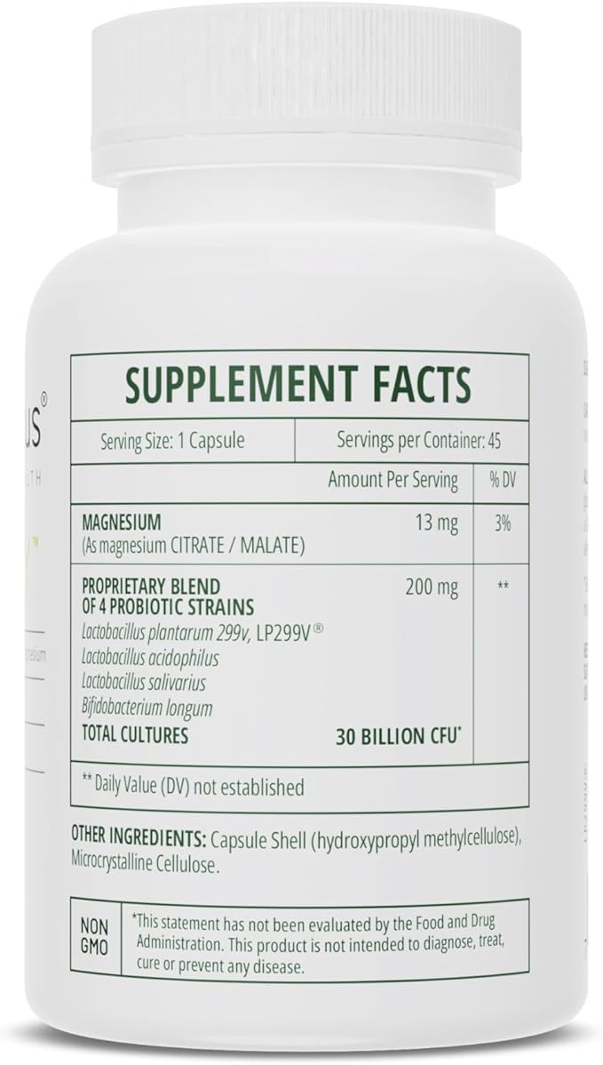 InterPlexus Fortéfy - 4 Elite Strains of Probiotics Providing 30 Billion CFU per Capsule with Magnesium - Gluten Free Dairy Free Soy Free - 45 Capsules (45 Servings)