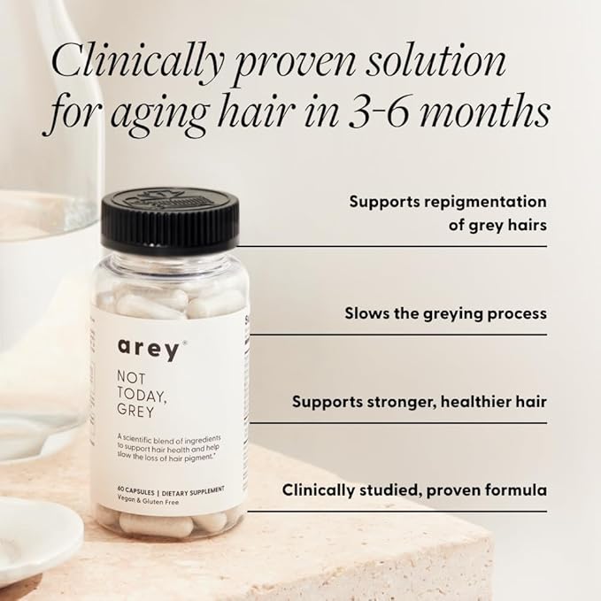 Arey Not Today Grey Daily Hair Supplement for Women &amp Men | Slows Grey Hair Growth in 3–6 Months | Support for Thicker Healthier Hair | Biotin B + D Vitamins | Vegan &amp Gluten-Free (1 Month)
