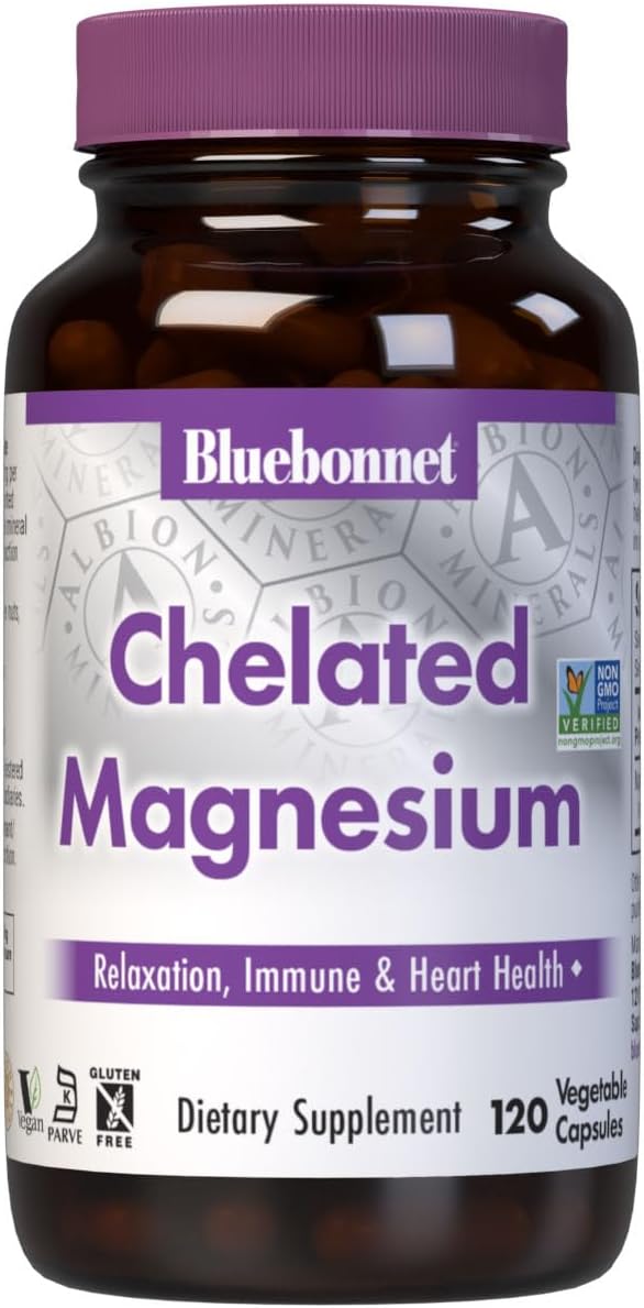 Bluebonnet Nutrition Albion Chelated Magnesium Vegetable Capsule 200 mg Stress Relief Vegan Non GMO Gluten Free Soy Free Milk Free Kosher 120 Vegetable Capsule 2 Month Supply