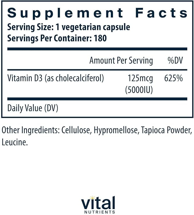 Vital Nutrients Vitamin D 5000 IU - Vitamin D3 Supplement - Healthy Bones Teeth Muscles*- Cellular &amp Immune Function - Calcium Absorption - Gluten Dairy and Soy Free - 180 Capsules