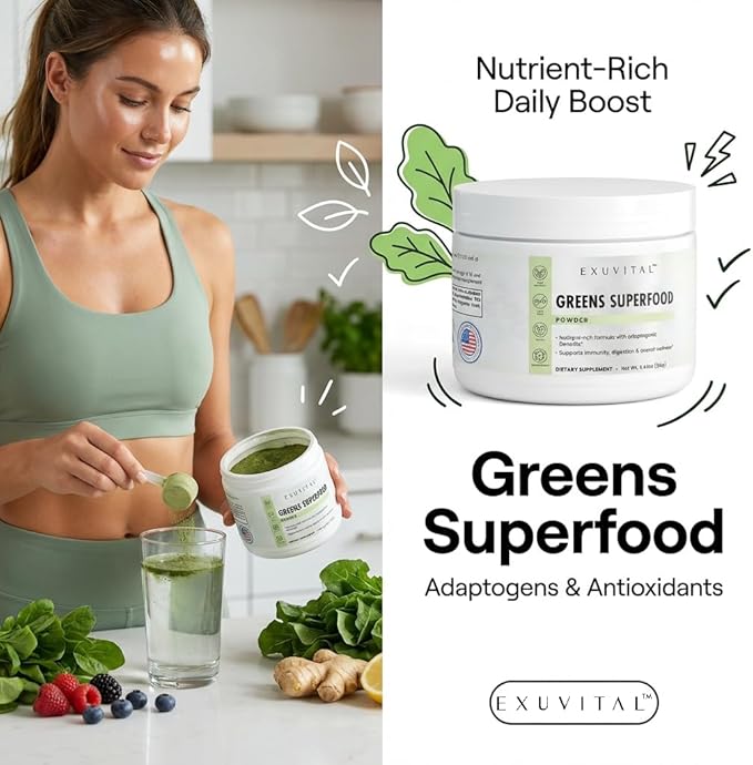 Greens Superfood Daily Nutrition and Energy Enhancement Powder with Spirulina Wheatgrass Barley Grass Adaptogenic Herbs for Immunity and Wellness Support