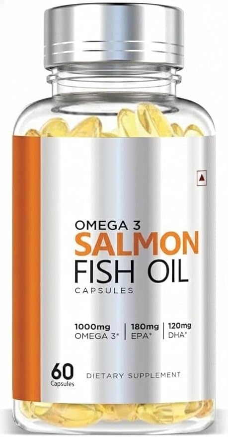 Naturix Omega 3 1000mg Salmon Fish Oil Capsules for Men &amp Women | 180mg EPA &amp 120mg DHA | No Fishy Burps | Supports Healthy Heart - 60 Softgels | Pack of 1