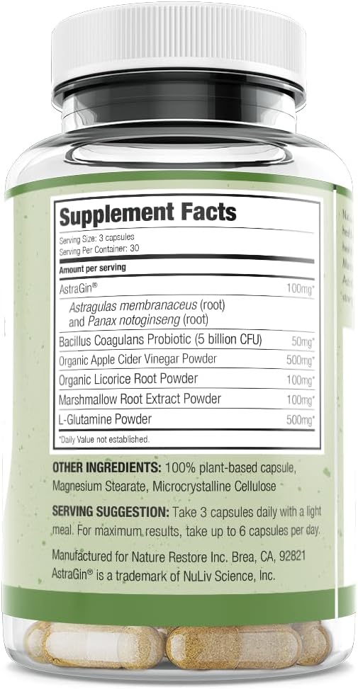 Nature Restore Gut Support Capsules | Marshmallow Root Licorice L Glutamine Probiotic &amp AstraGin | Digestive &amp Microbiome Health | 90 Count