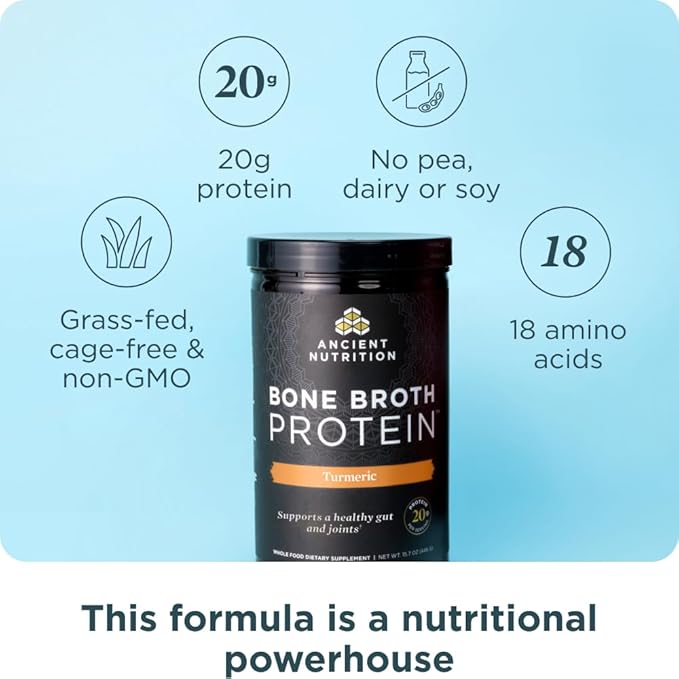 Ancient Nutrition Grass Fed Cage Free Bone Broth Protein Powder 20g Protein Hydrolyzed Collagen Peptides Keto &amp Paleo Friendly Supports Joint &amp Gut Health Turmeric 20 Servings