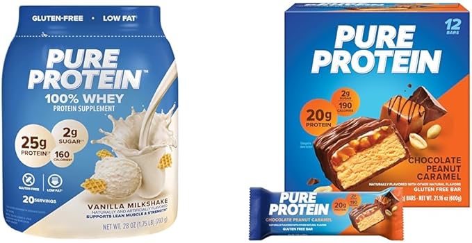 Pure Protein Powder Whey High Protein Low Sugar Gluten Free Vanilla Cream 1.75 lbs &amp Bars High Protein Nutritious Snacks to Support Energy Low Sugar Gluten Free