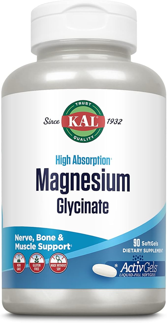 KAL Magnesium Glycinate ActivGels 315mg High Absorption Magnesium Supplement for Muscle Nerve &amp Bone Health Support Non-GMO Gluten Free 30 Servings 90 Softgels