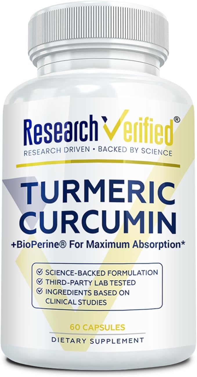 Research Verified Turmeric Curcumin Supplement with Black Pepper (BioPerine) - High Potency Curcumin - Antioxidant Joints &amp Daily Wellness - 60 Vegan Turmeric Capsules - Made in USA - 1 Month Sup