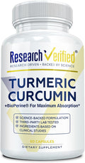 Research Verified Turmeric Curcumin Supplement with Black Pepper (BioPerine) - High Potency Curcumin - Antioxidant Joints &amp Daily Wellness - 60 Vegan Turmeric Capsules - Made in USA - 1 Month Sup