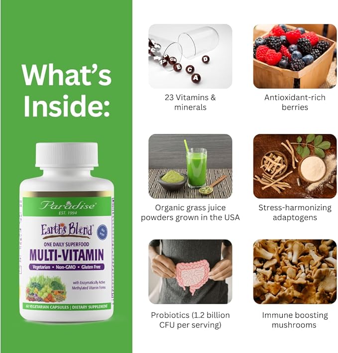 Paradise Herbs Earth's Blend Women's Once Daily Multivitamin with Iron 48 Organic Superfoods Probiotics Antioxidants Vitamins A B12 C D K2 120 Capsules