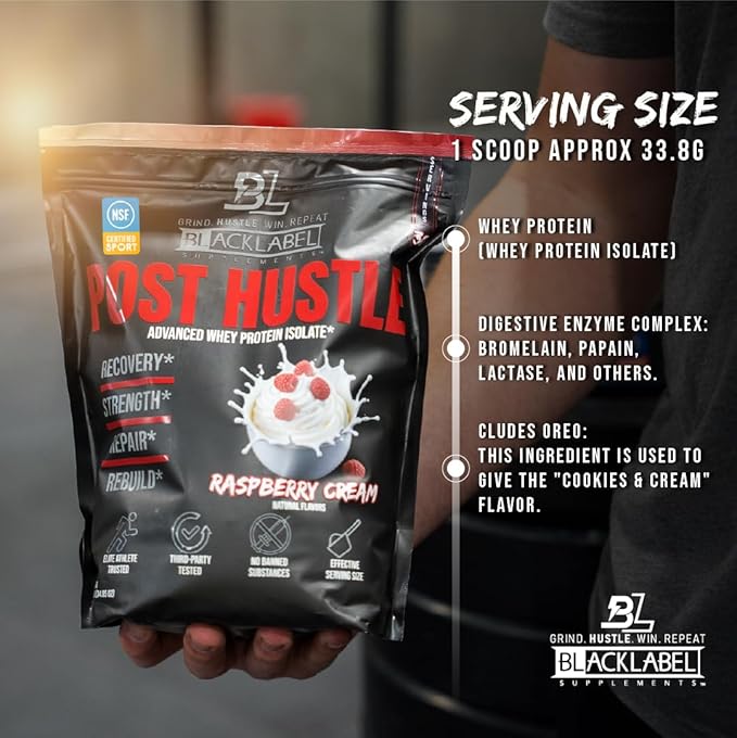 BLACKLABEL Supplements Post Hustle Post Workout Protein Powder 30 Servings – NSF Certified for Sport Whey Isolate Protein Powder with Digestive Enzymes – Raspberry Cream