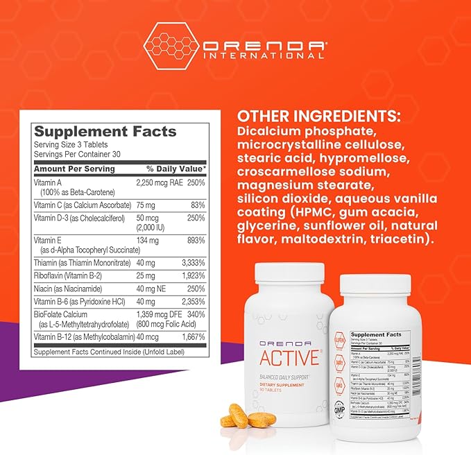 Orenda Active® - Infused with Prickly Pear Asparagus Extracts and a Potent Blend of Essential Nutrients Energy Boost Immune Support and Glowing Skin. Proteins Vitamin E CoQ10 90 Capsules
