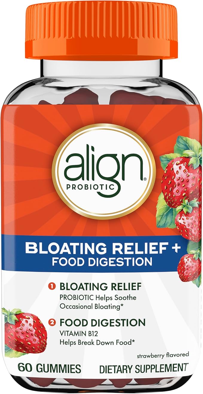 Align Probiotic Bloating Relief + Food Digestion Probiotics for Women and Men Probiotic Helps Soothe Occasional Bloating* With Vitamin B12 to Help Break Down Food into Cellular Energy*60 Gummies
